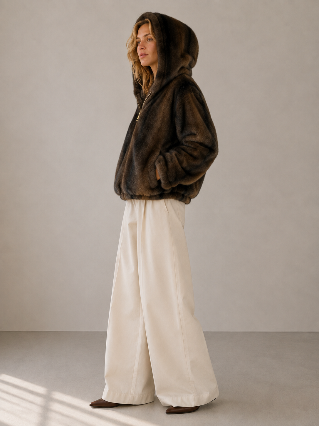Oyster Bay Jacket — Hooded Faux Fur Zip Jacket: Espresso Leopard / S/M