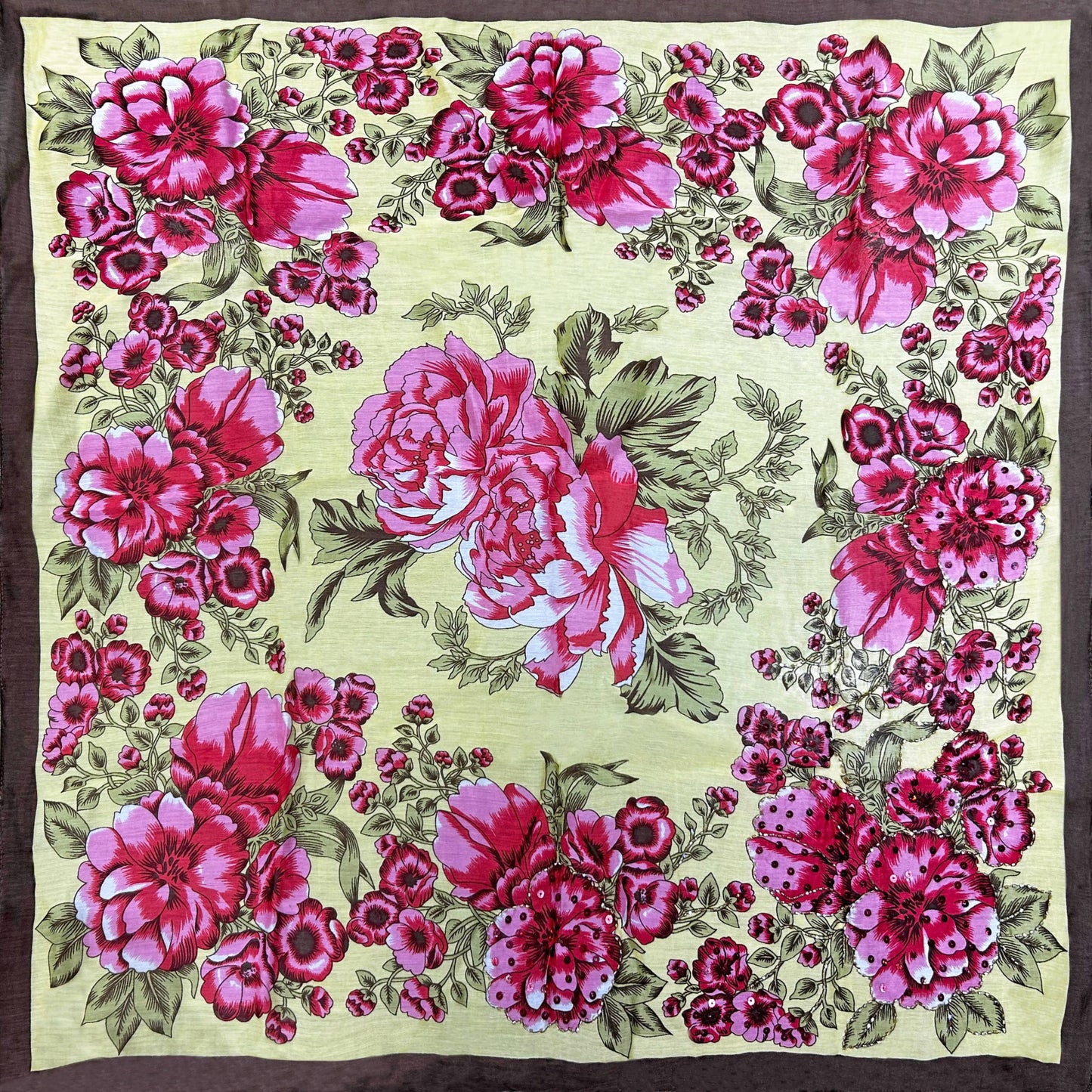 Beauty Hand Embellished Bandana Scarf: Yellow/red floral / One Size