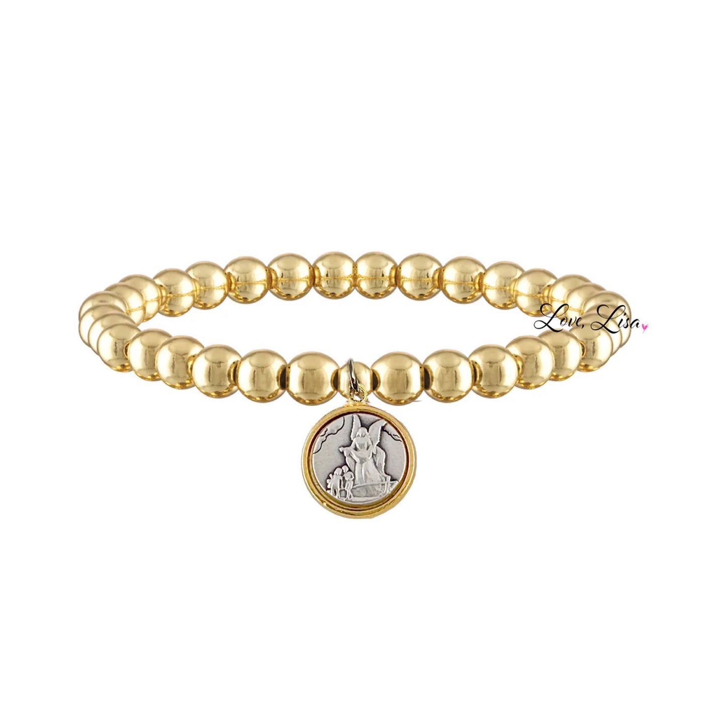 Catholic Medal Saint Stretch Bracelets  & Prayer Cards: Yellow Gold / Guardian Angel