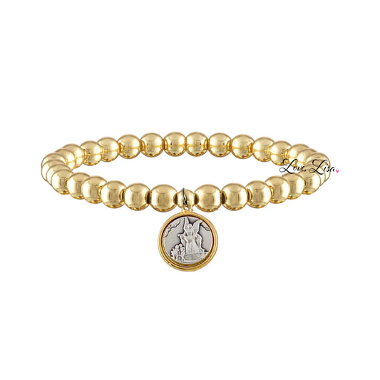 Catholic Medal Saint Stretch Bracelets  & Prayer Cards: Yellow Gold / Guardian Angel