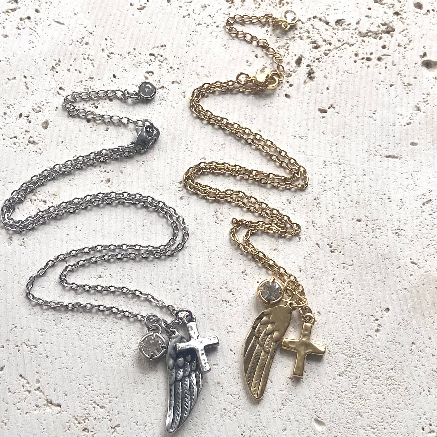 Angel wing cross crystal cluster necklace handmade jewelry : Gold