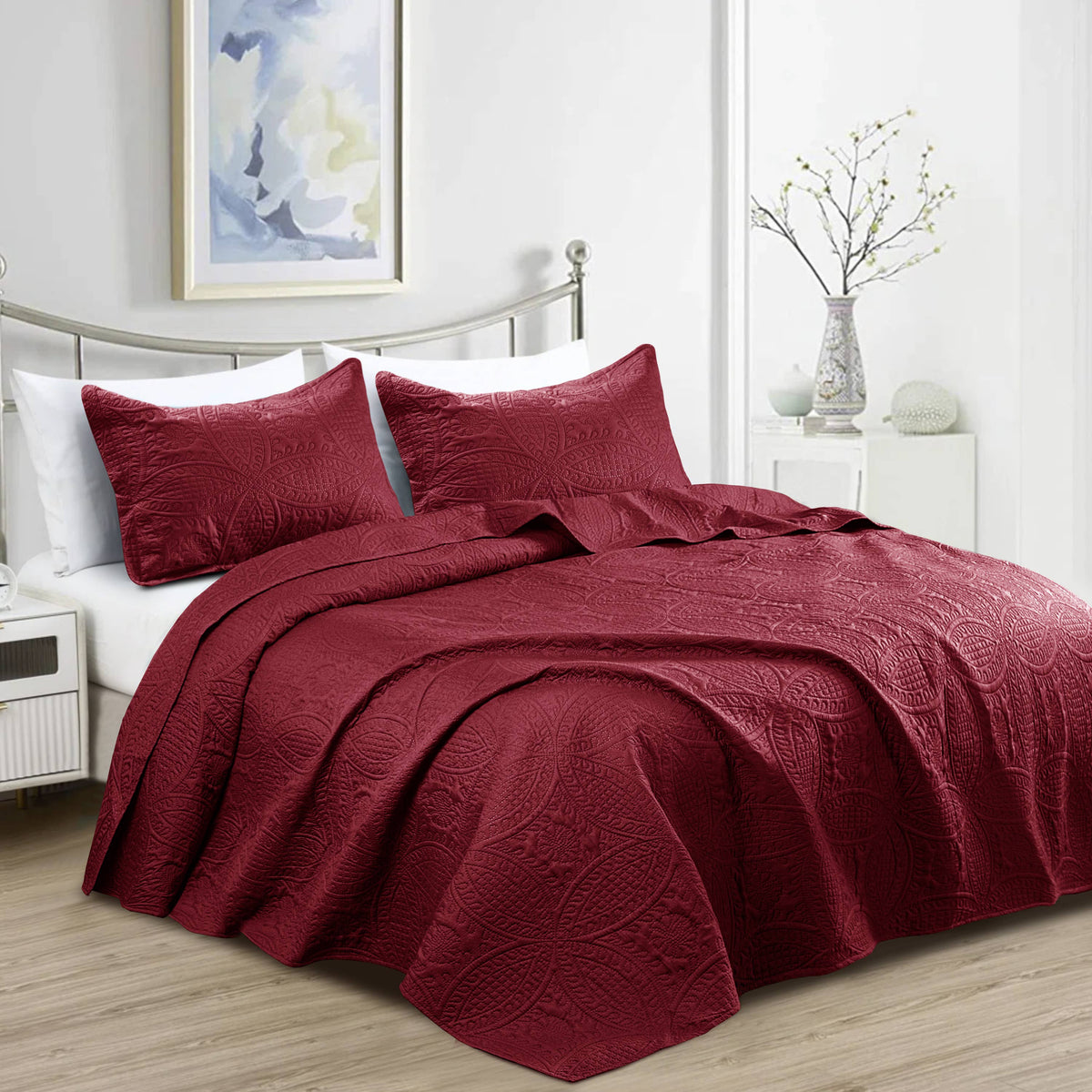 Quilted Bedspread 3 Pc Coverlet Bedding Quilt Set All Season: Full/Queen / Beige
