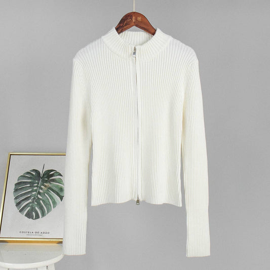 Casual Long Sleeve Cardigan Zipper Knit Jacket for Women: White / S