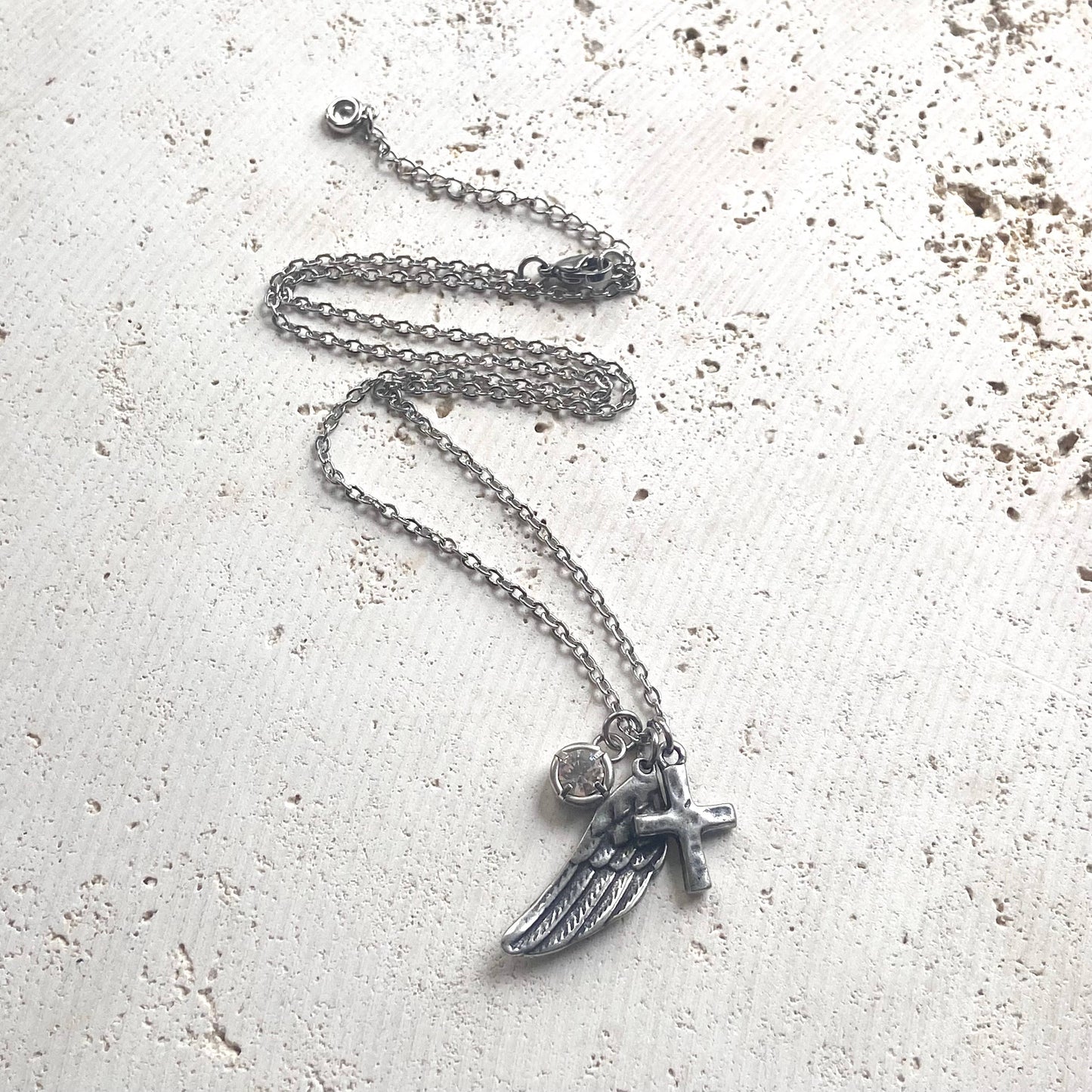Angel wing cross crystal cluster necklace handmade jewelry : Gold