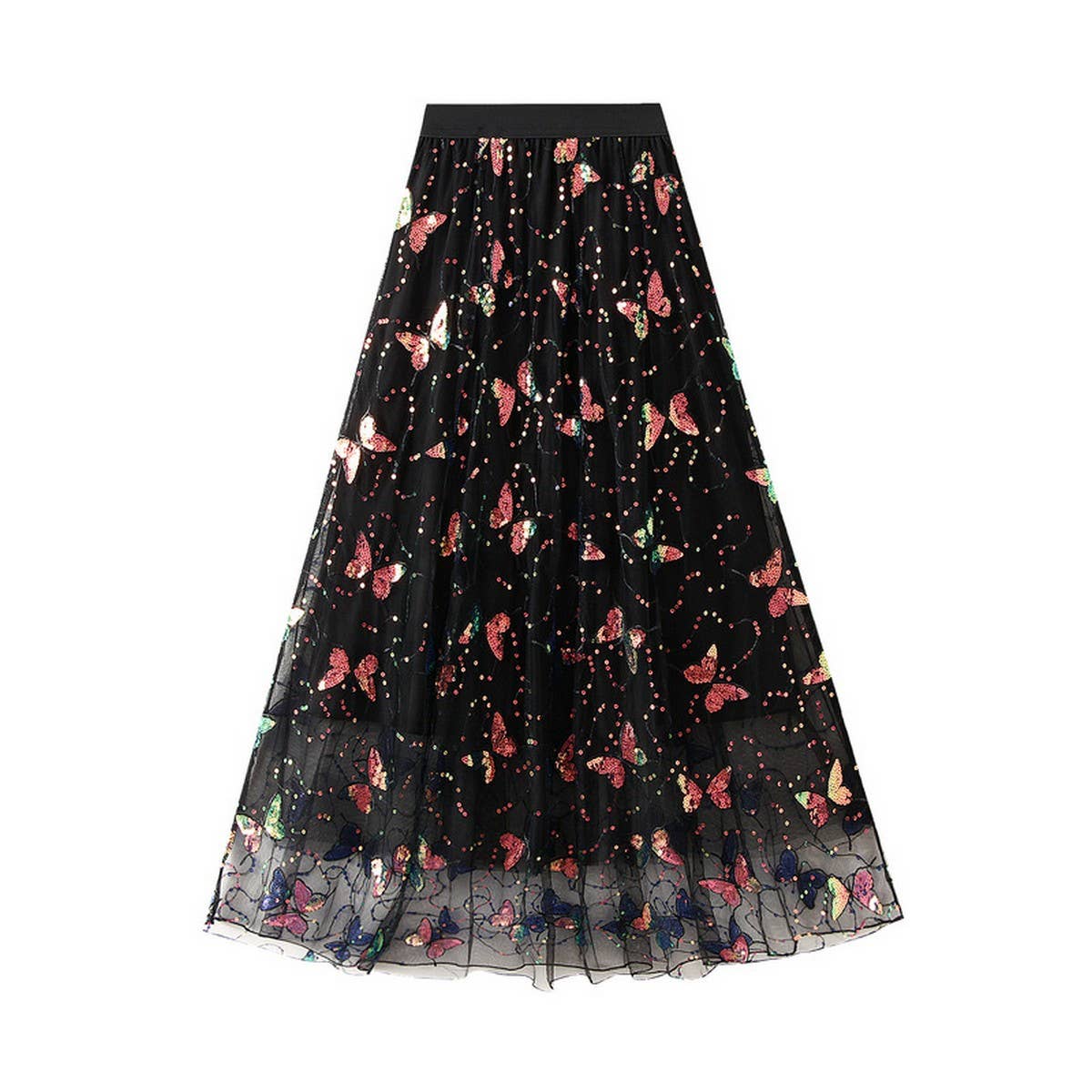 Sequin Butterfly Tulle Midi Skirt_CWBMS0336: Black / (OS) 1