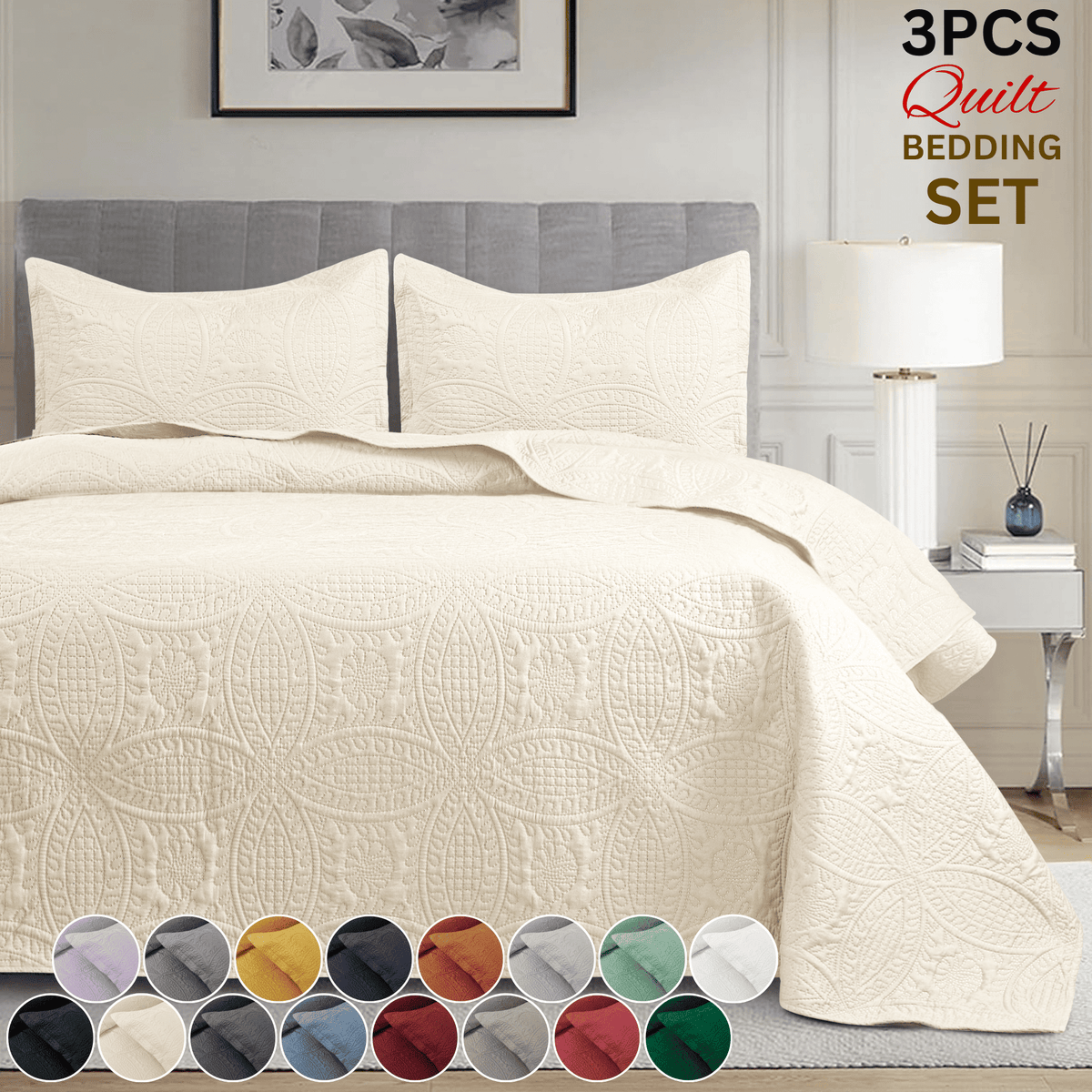Quilted Bedspread 3 Pc Coverlet Bedding Quilt Set All Season: Full/Queen / Beige