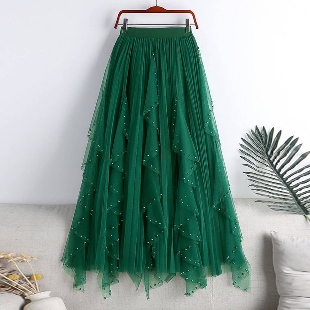 BEADED MESH PLEATED SKIRT A LINE TULLE SKIRT_CWBLS0398: Black / (OS) 1