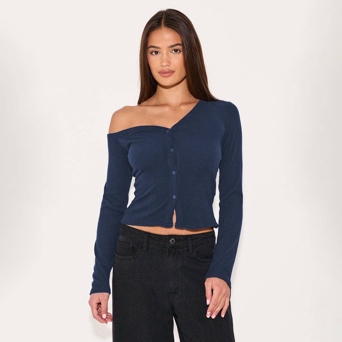 Asymmetrical Neck Long Sleeve Button Knit Cardigan T-Shirt: E25T1624-002 / M