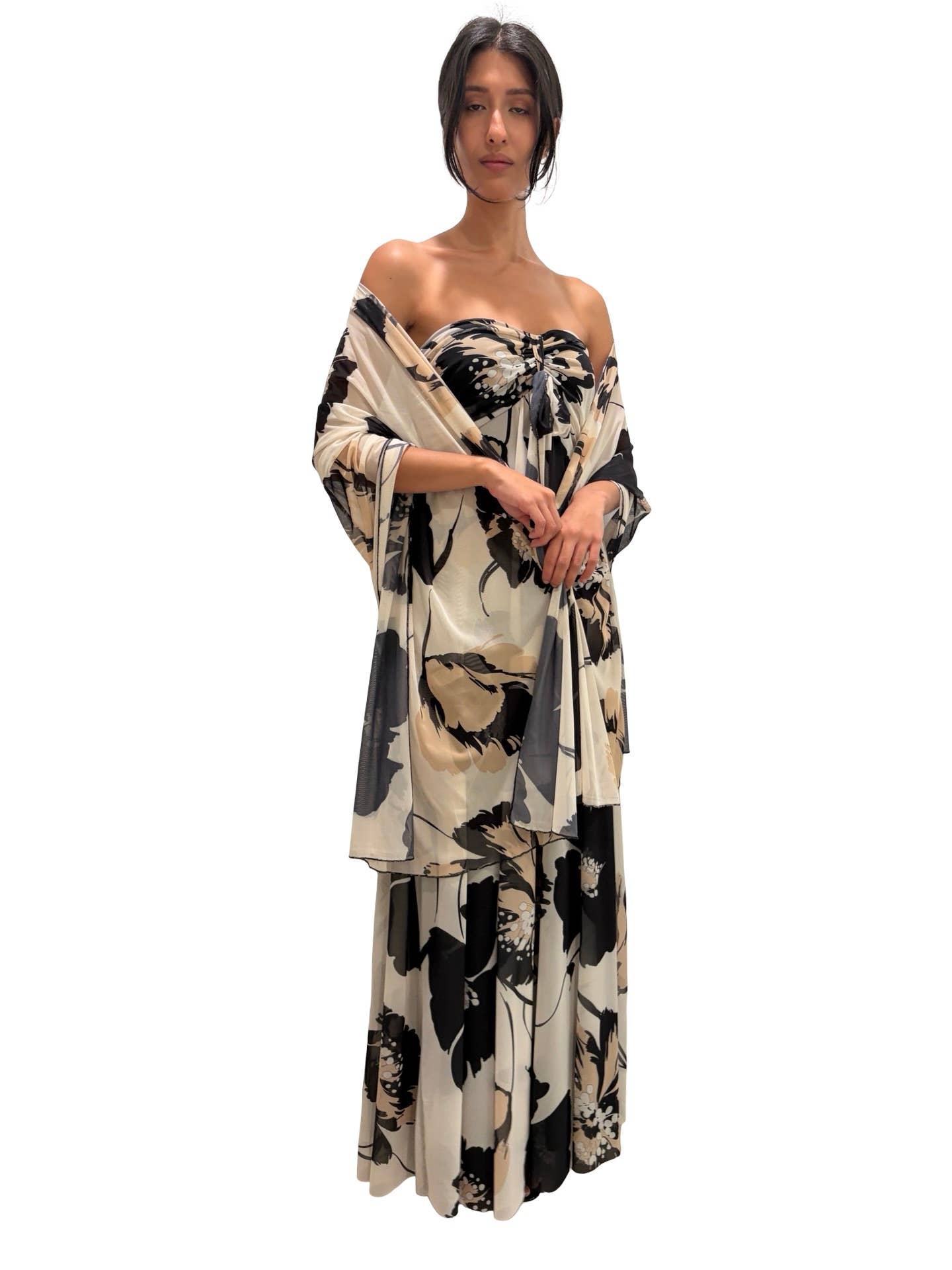 KATE Long Strapless Flared Empire Waist  Printed Mesh Dress : S