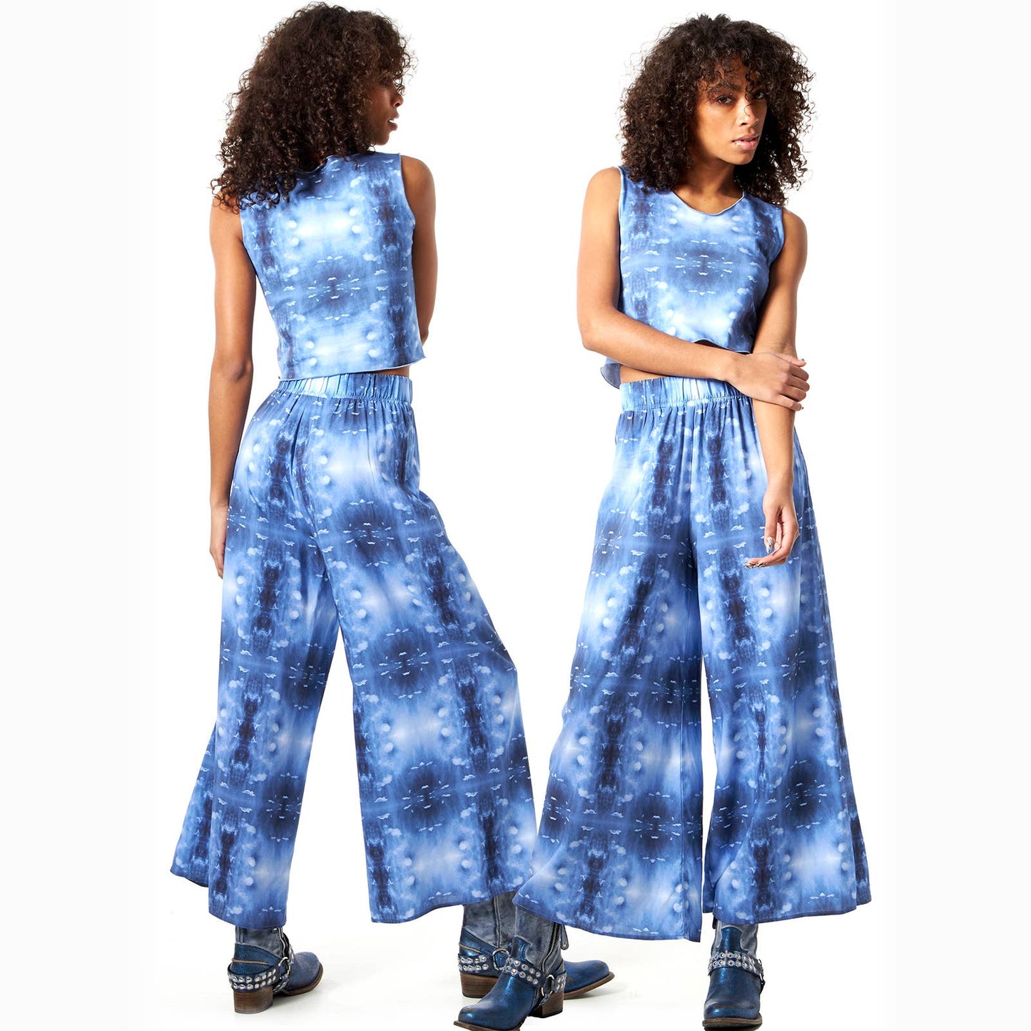 Babs Lightweight Wide Leg Pants - Blue Cloud Print: L