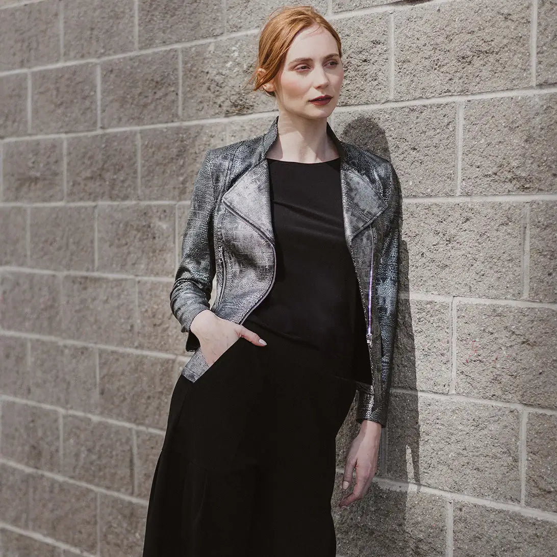JK75SH - Metallic Liquid Leather ™ Textured Biker Jacket: Gun metal / XL