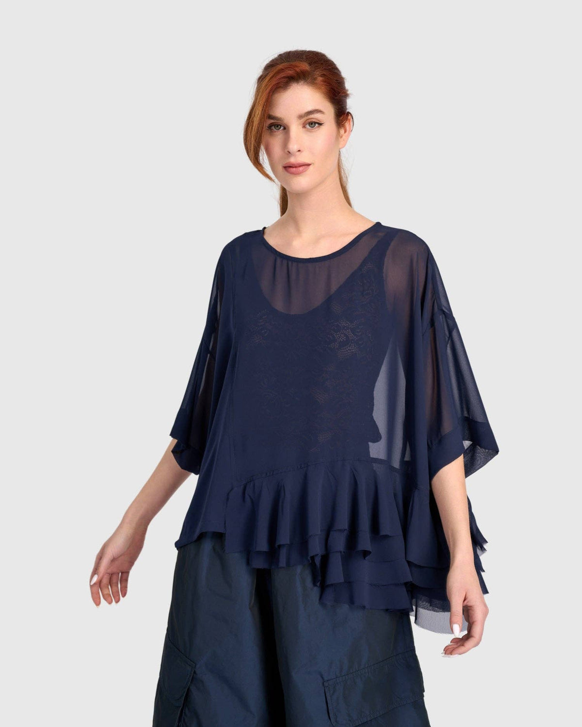 Veiled Chiffon Top, Ink: NAVY / M (US 12-14)