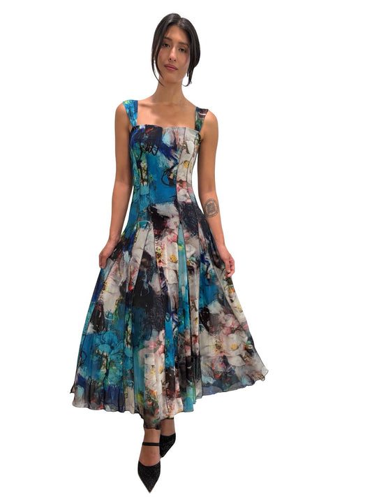 TIANNA Sleeveless Tea Length Fit N Flare Paneled Dress : XL