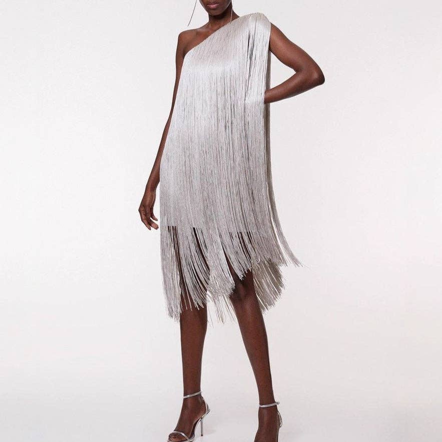 Elegant Fringe Party Dress Simple Flowing Evening Gown: Gold / M