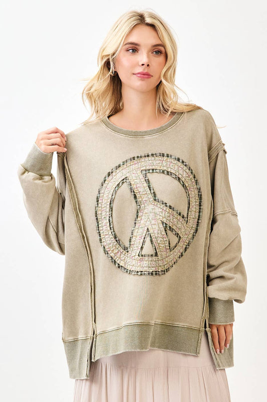 PEACE SIGN PATCH MINERAL WASH SWEATSHIRT: BONE / S/M-M/L(3-3)