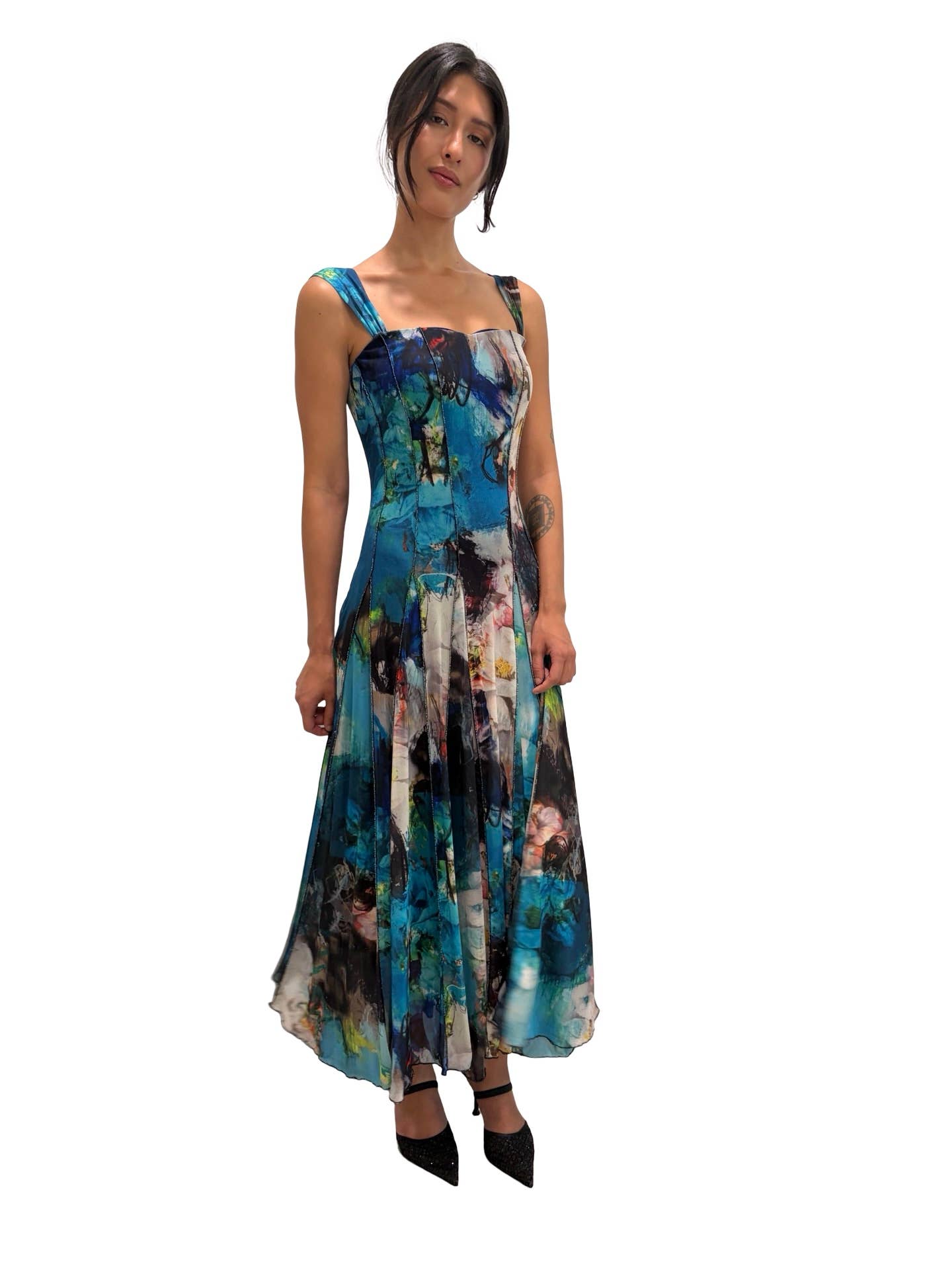 TIANNA Sleeveless Tea Length Fit N Flare Paneled Dress : S