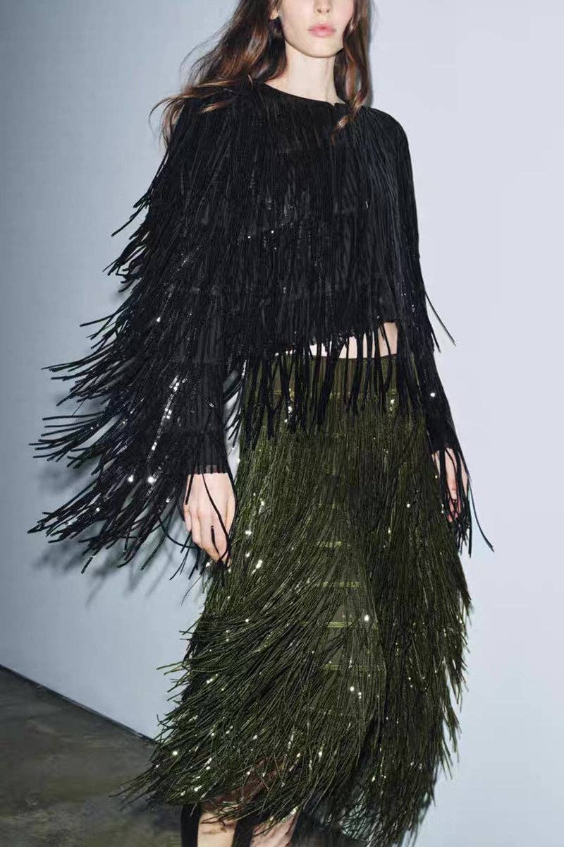 Fringe Maxi Skirt: GREEN / M