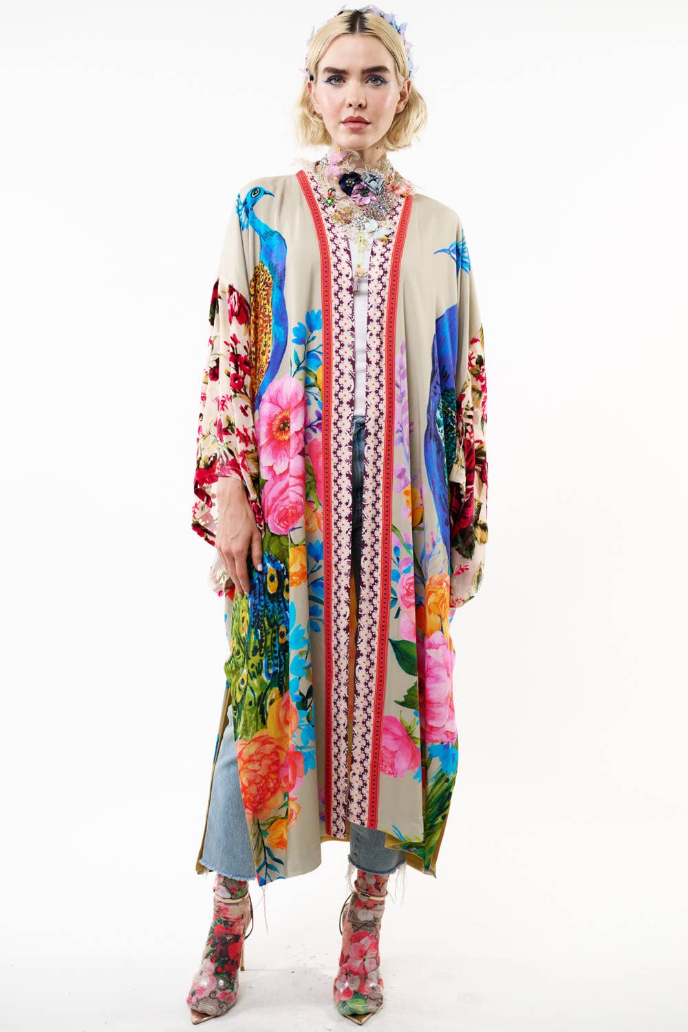 Fantasy Kimono - Beige |Peacock Mesh Sleeve Romantic Robe: Soft Moon / One Size