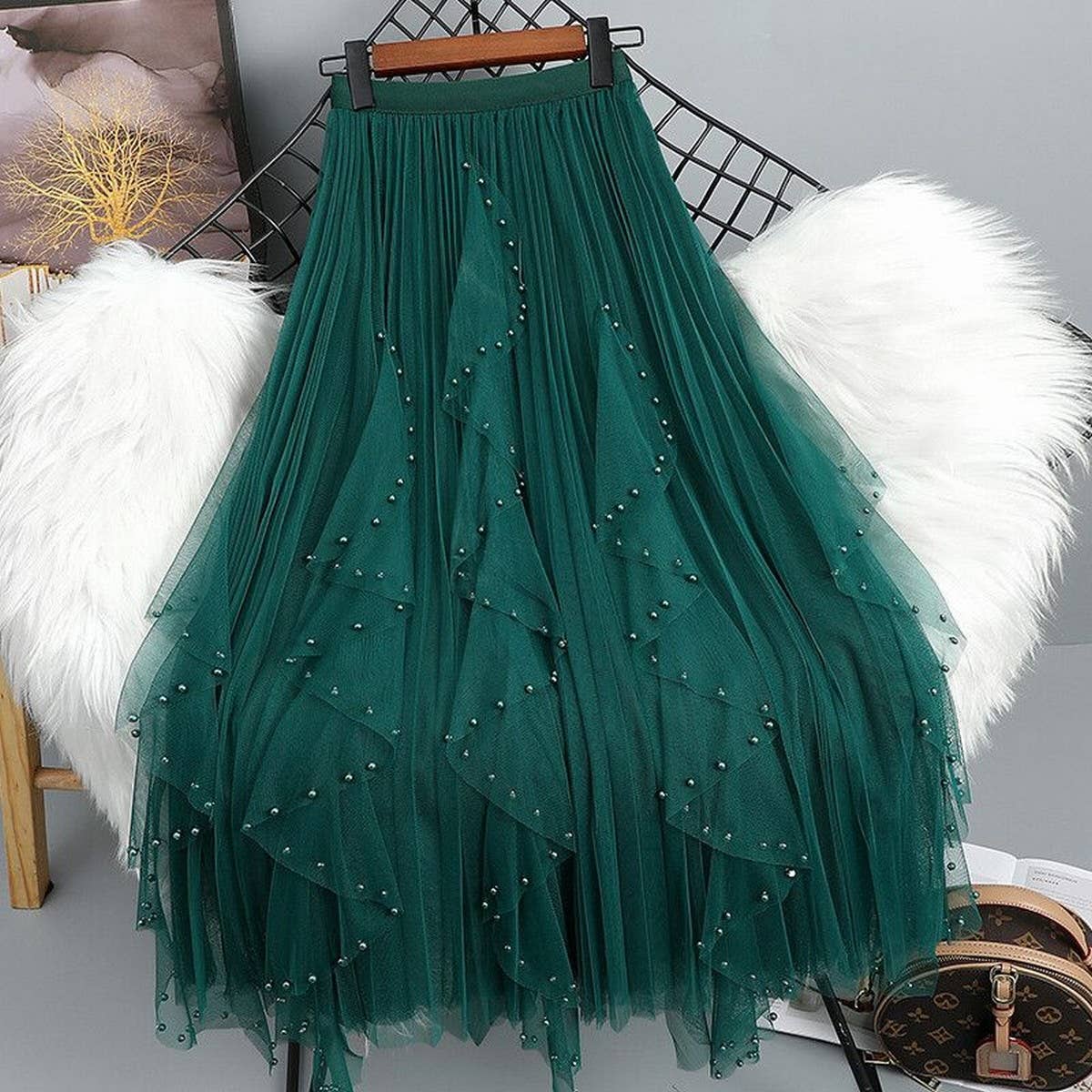 BEADED MESH PLEATED SKIRT A LINE TULLE SKIRT_CWBLS0398: GREY / (OS) 1