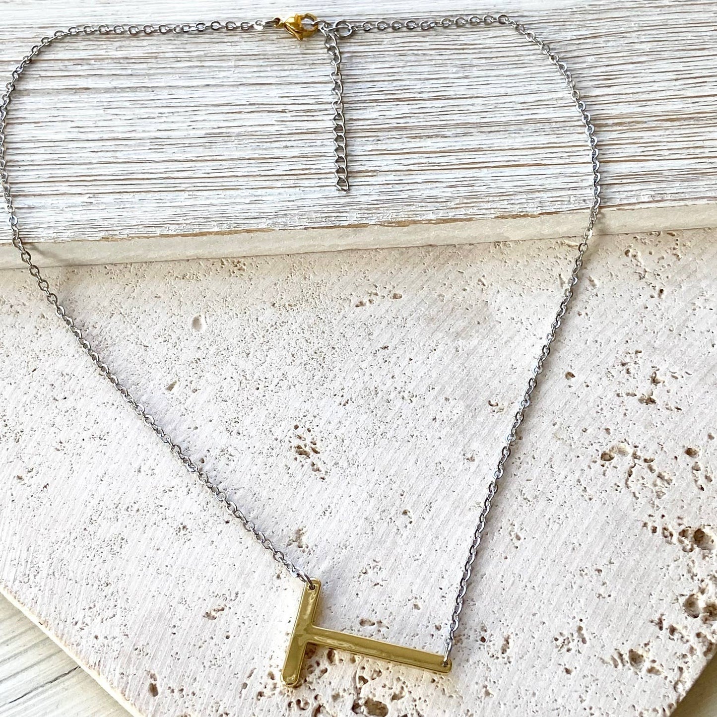 Simple initial mixed metal necklace non tarnish jewelry: Mixed Metal w/Crystal / H