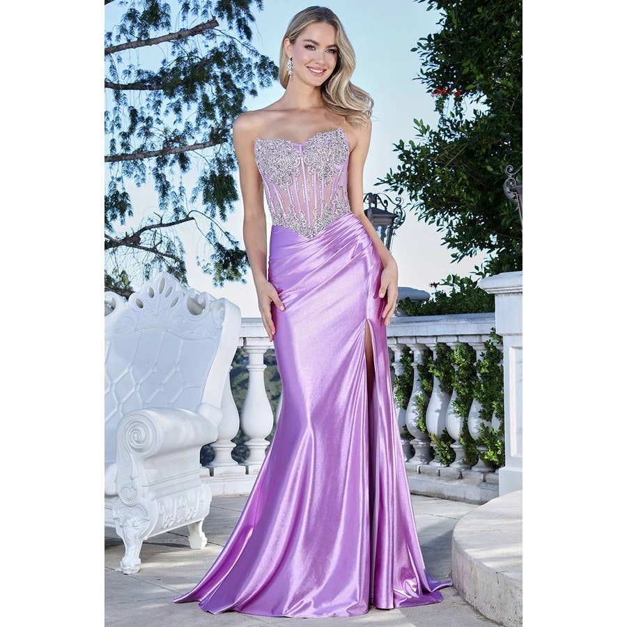 Embroidered Illusion Corset Satin Gown: Champagne / 8