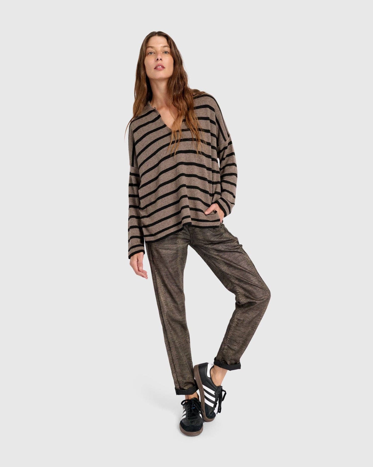 Surfside Collared Sweater, Latte Stripes: Stripes / ONE SIZE