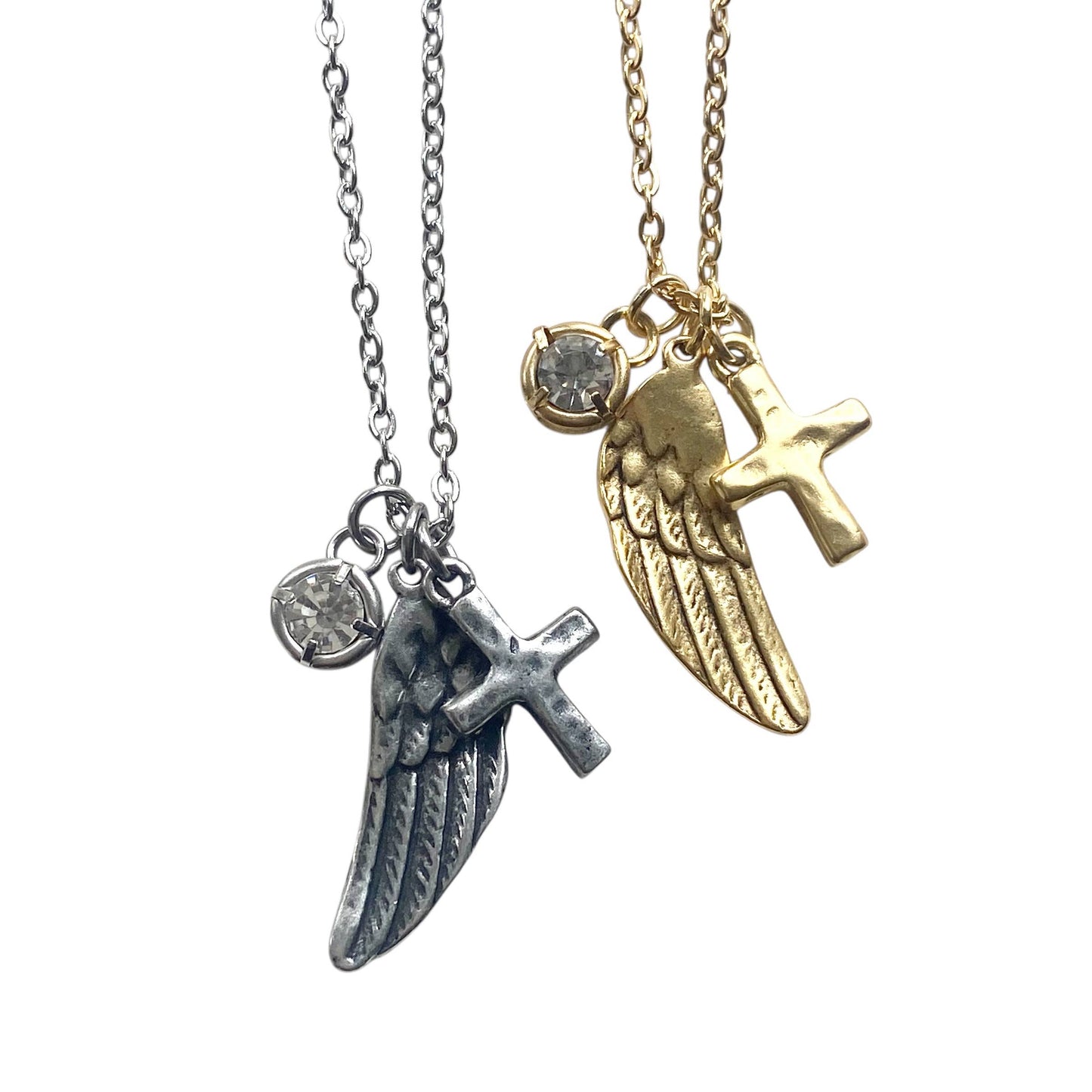 Angel wing cross crystal cluster necklace handmade jewelry : Gold
