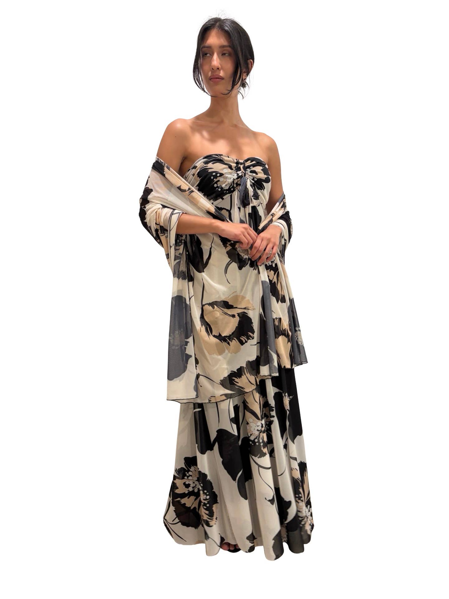 KATE Long Strapless Flared Empire Waist  Printed Mesh Dress - Elana Kattan