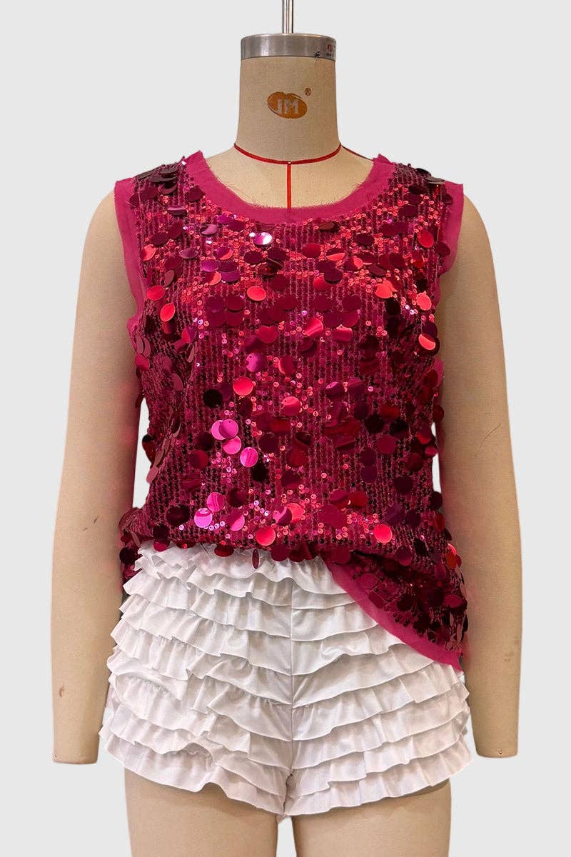 Sleeveless Sequin Tank Top: SILVER / M