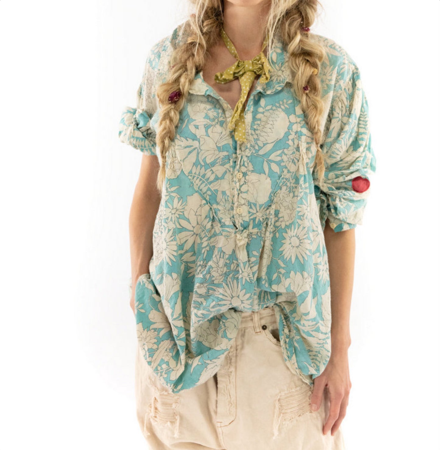 Blockprint Tora Shirt with Hand Sewn 1123 - Magnolia Pearl