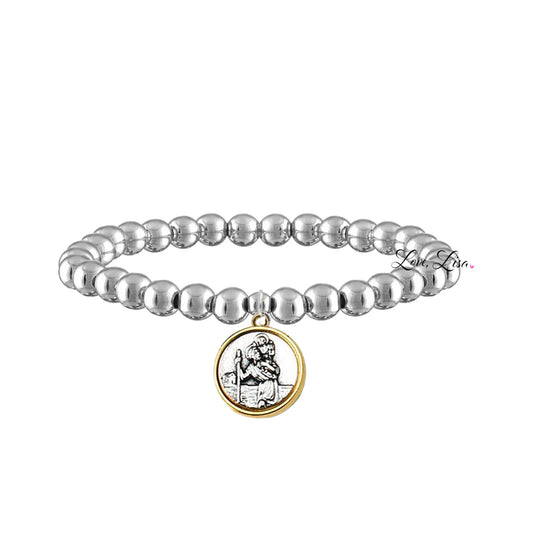 Catholic Medal Saint Stretch Bracelets  & Prayer Cards: Silver / St. Christopher