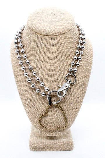 Brass Heart Outline Convertible Silver Chain Necklace: Single 8mm