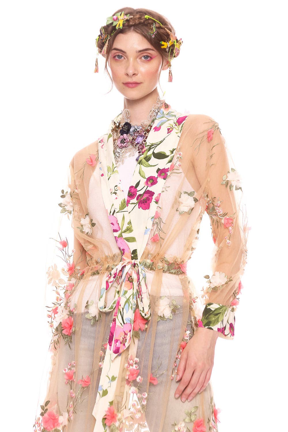 Floral Fantasy Kimono | Pink Floral Kimono | Mesh Kimono: Pink Floral Embroidery / L