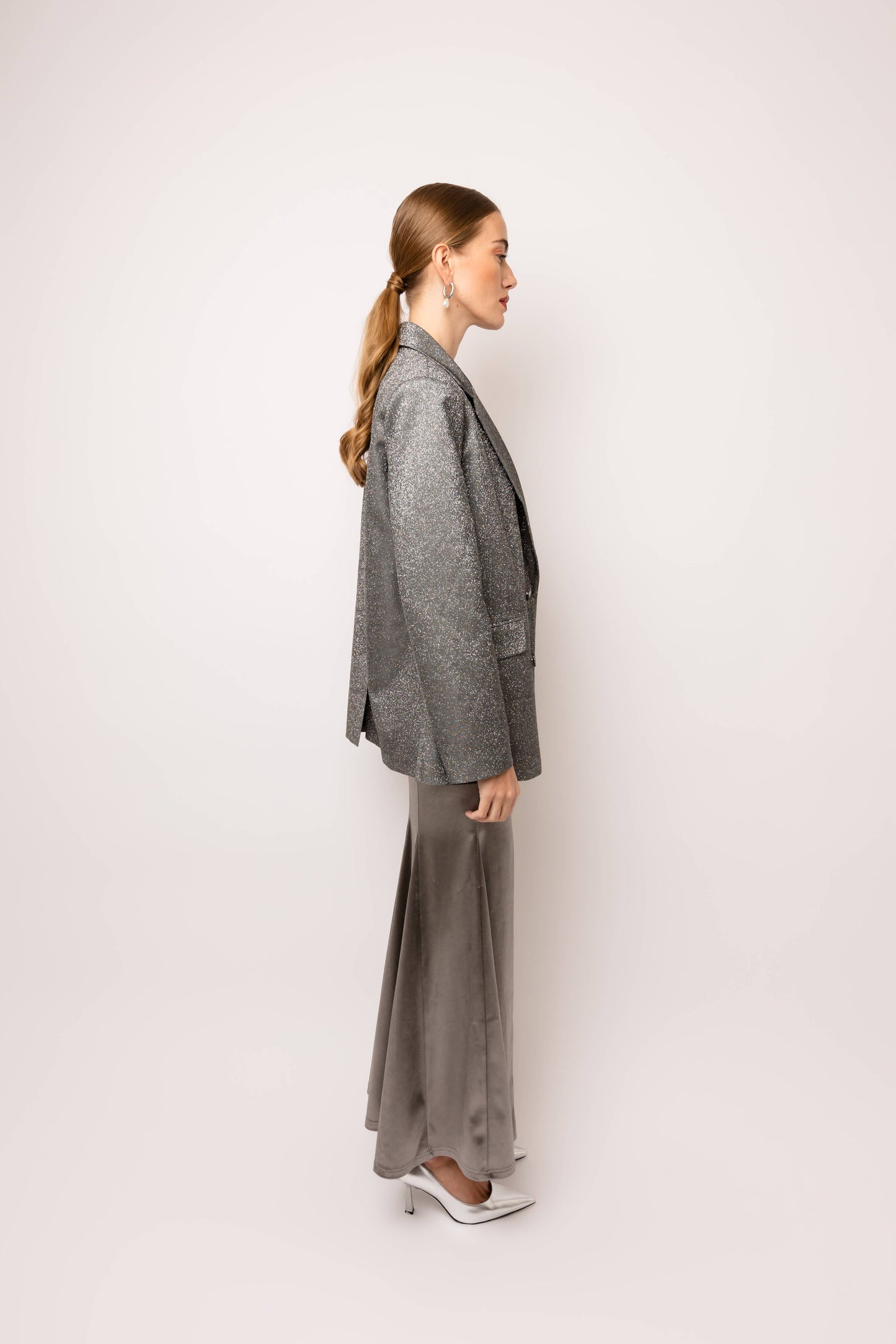 Ezra Glitter Oversized Blazer: Silver / L