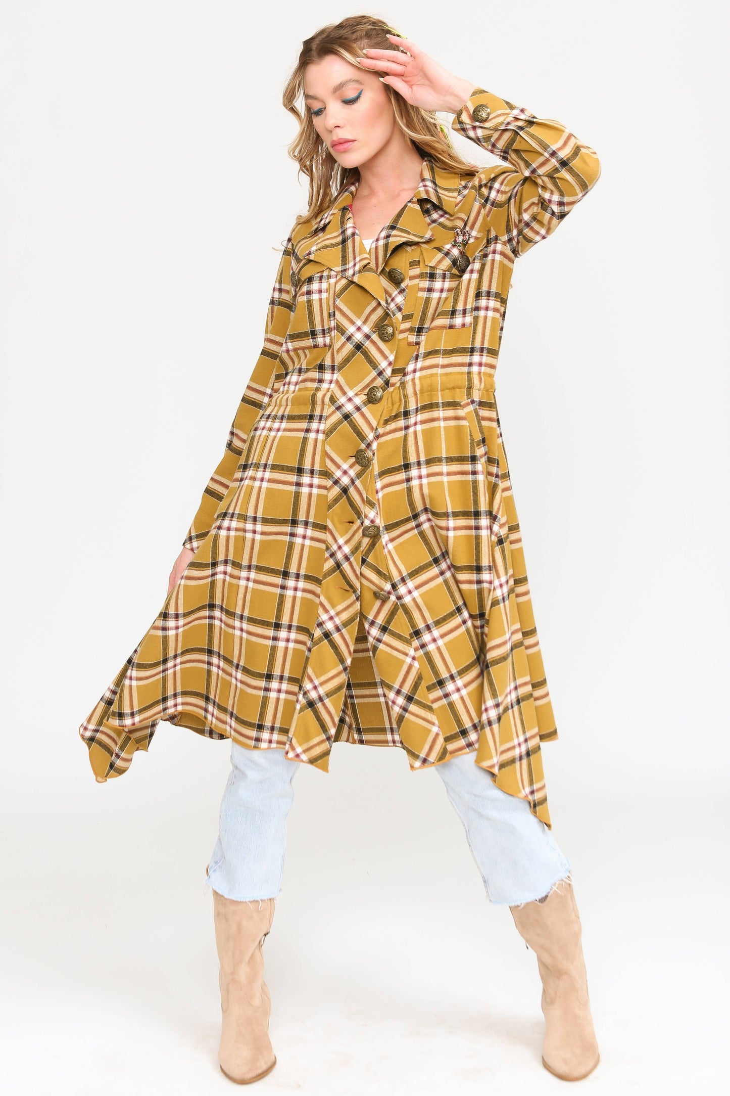 Coco Plaid Trench Coat: Mustard Combo / M