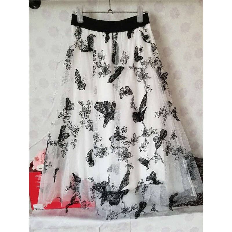 Solid Color Embroidered Mesh A-Line Skirt: BLACK-GRAY / One_size