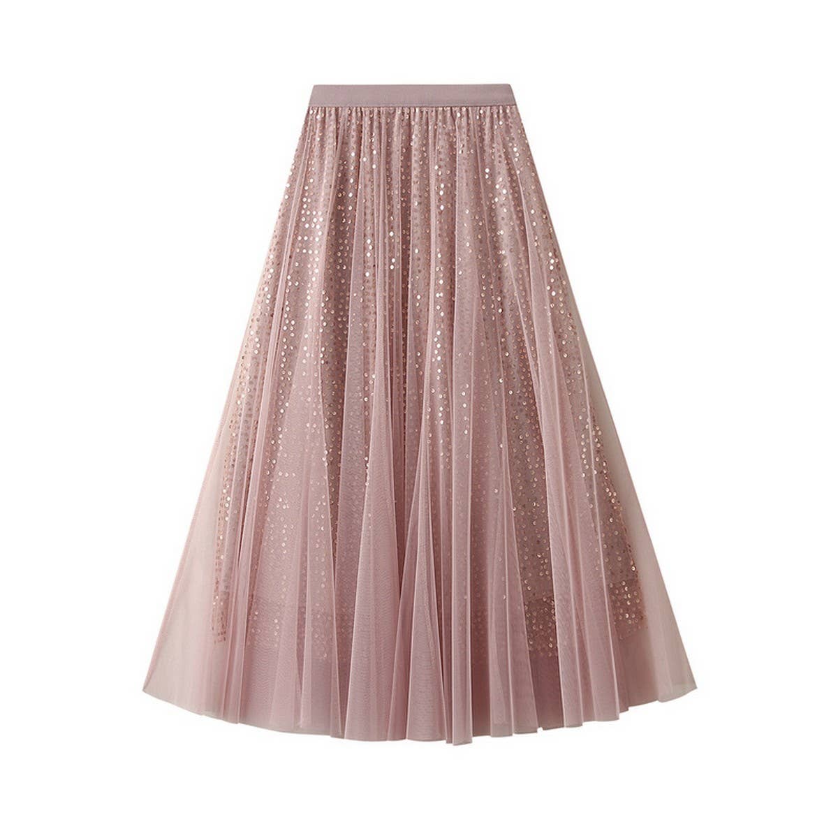 Sequin Tulle A-Line Maxi Skirt with Flowing Drape_CWBMS0377: Gray / (OS) 1
