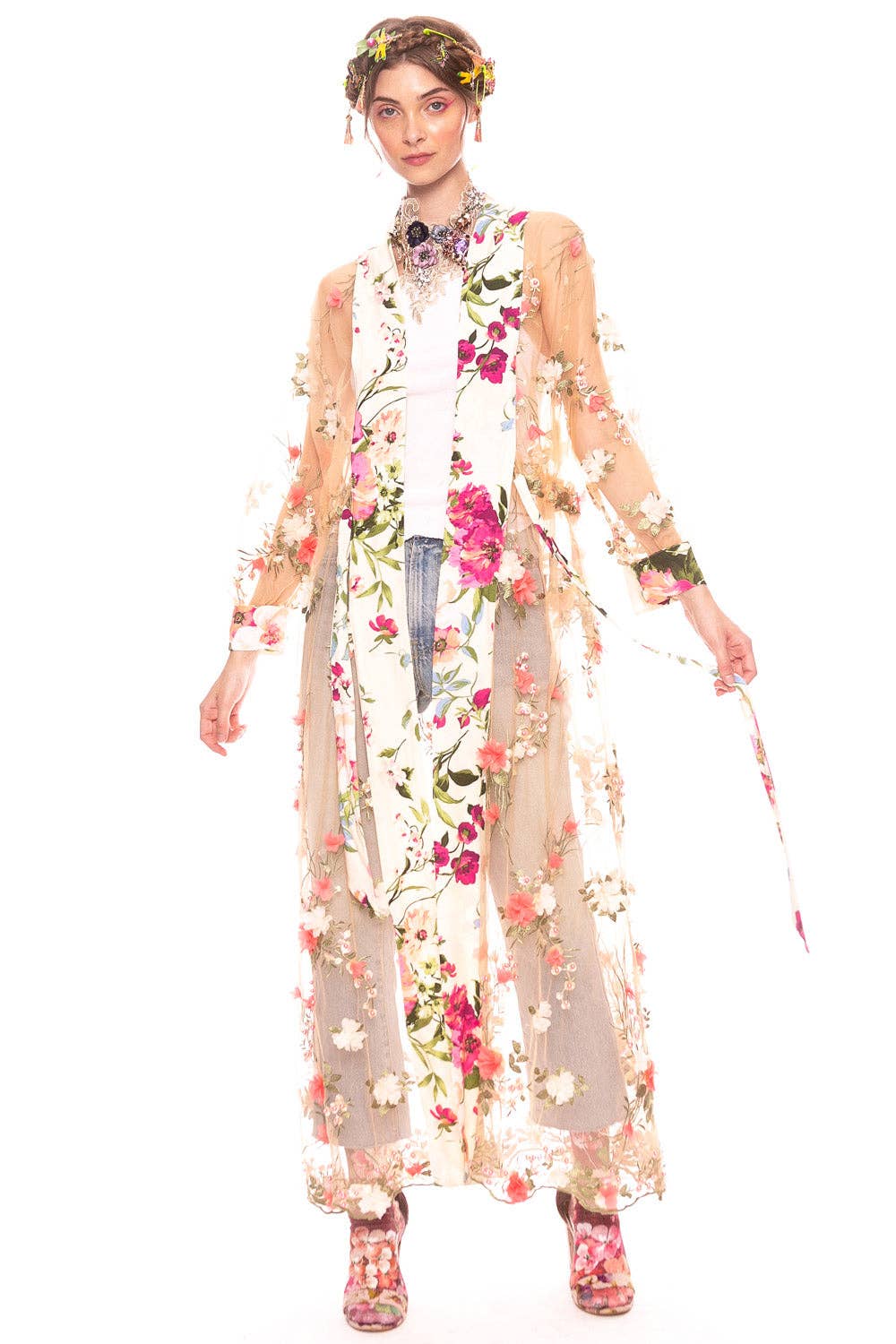 Floral Fantasy Kimono | Pink Floral Kimono | Mesh Kimono: Pink Floral Embroidery / L
