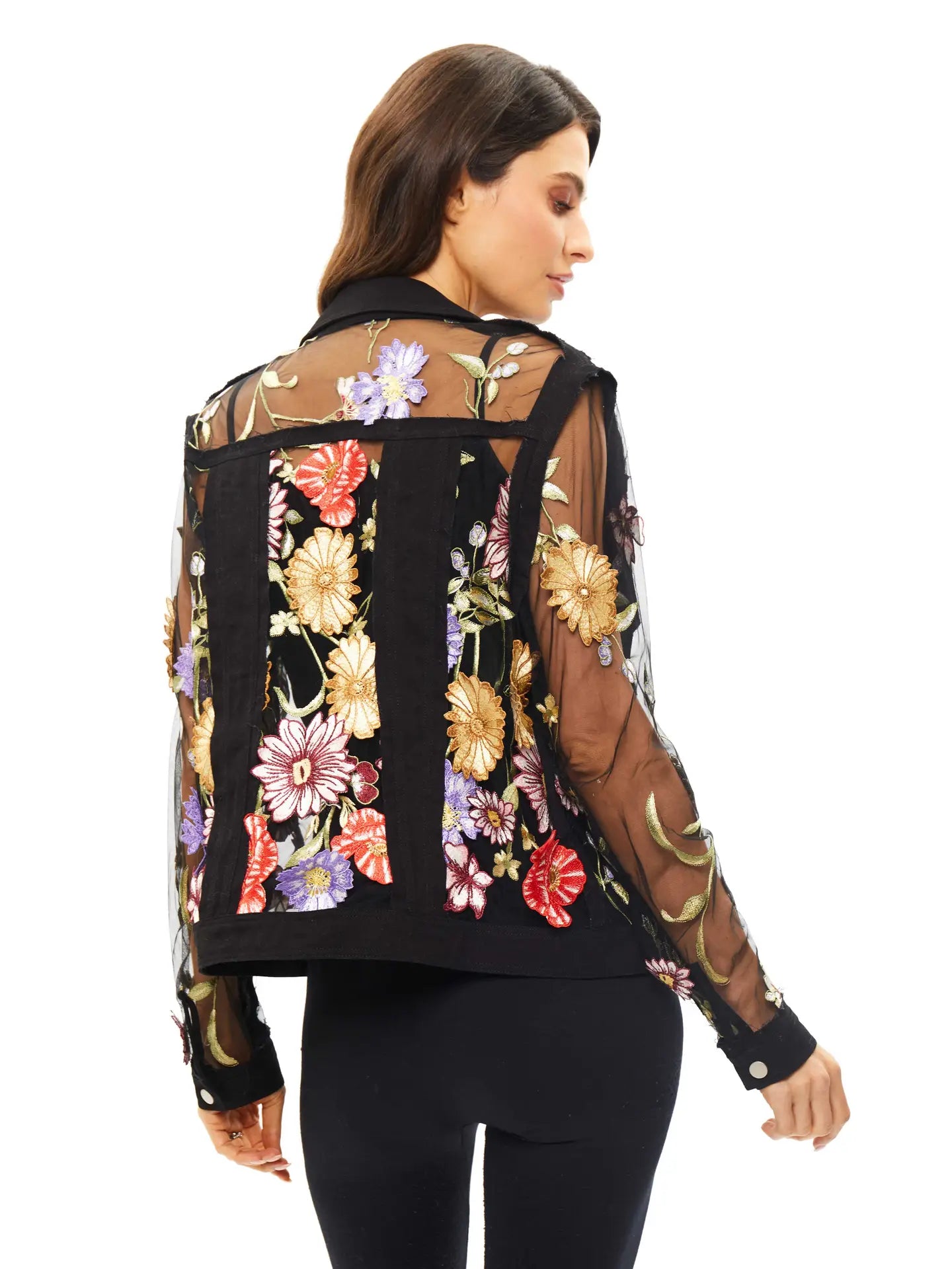 Floral Embroidered Denim and Lace Jacket BSA-49