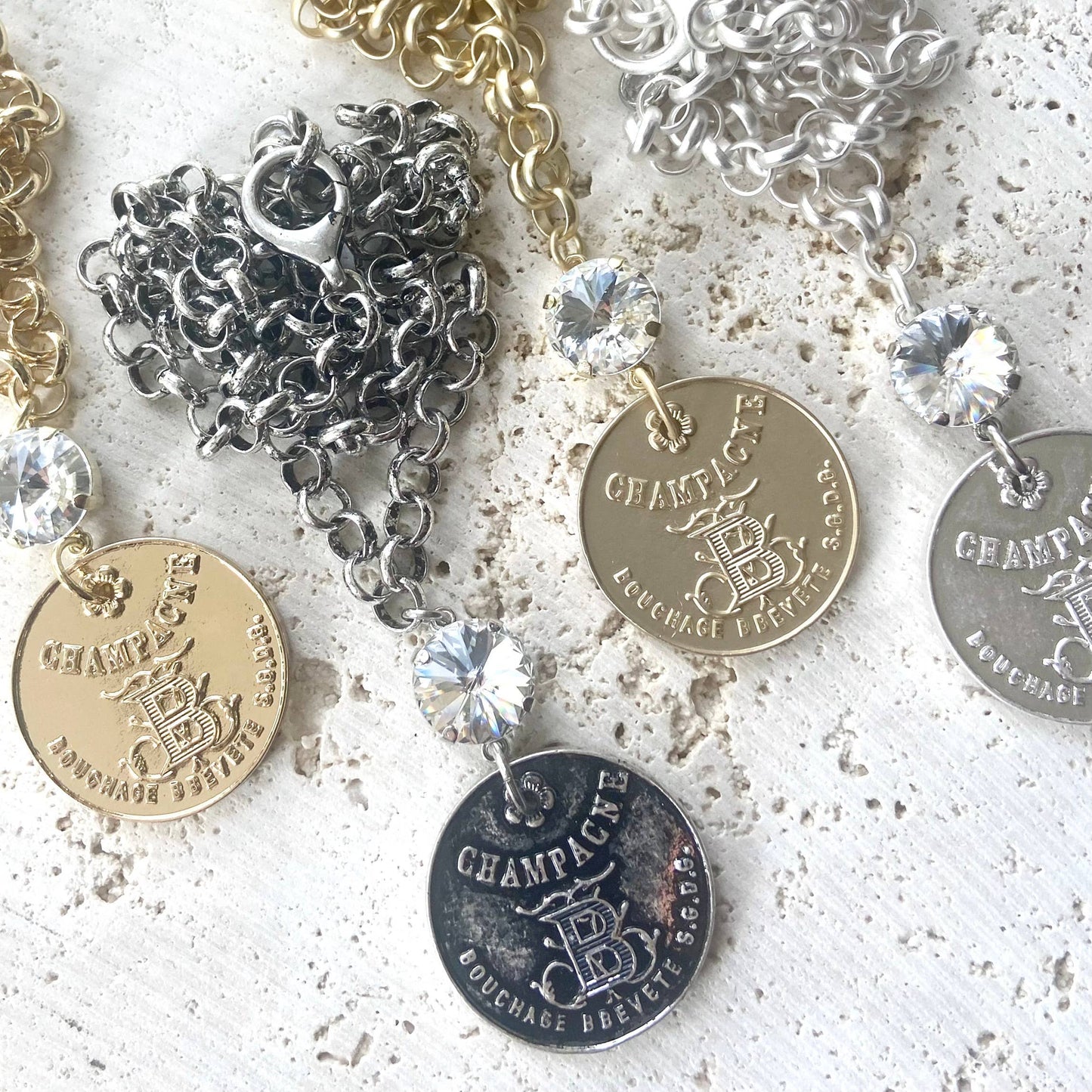 Champagne French coin necklace boutique salon jewelry: Burnished silver