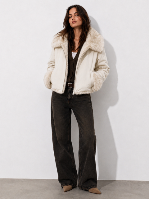 Dumbo Reversible Faux Fur & Leather Bomber Jacket Fur Jacket: Beige/Gray / L/XL