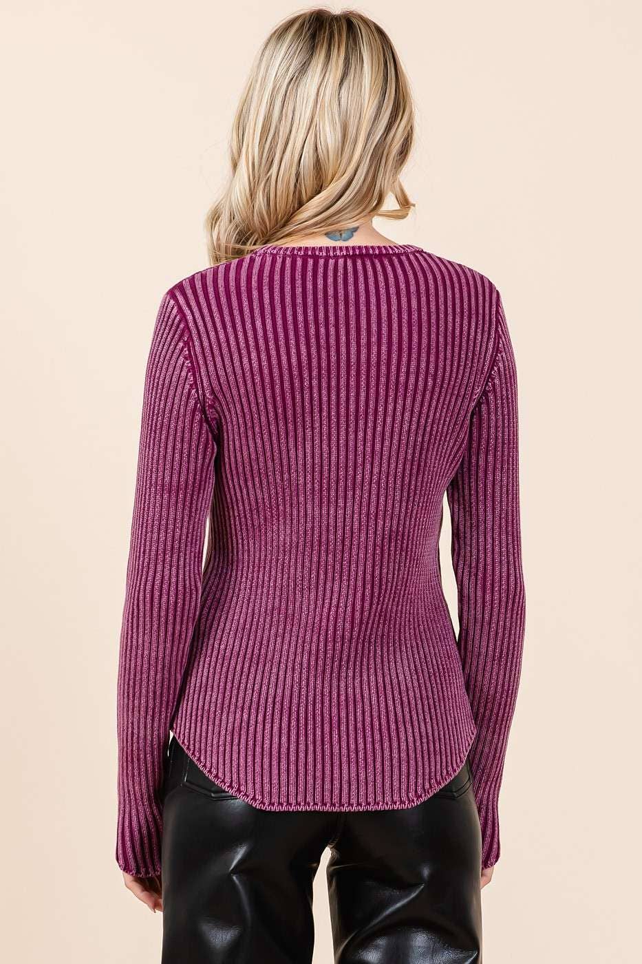 Mineral Wash Fitted Long Sleeve Rib Knit Sweater S20772