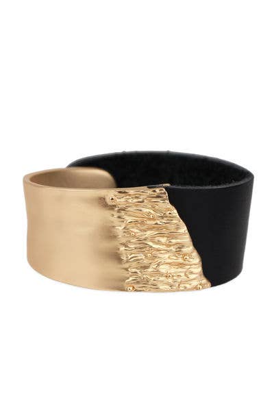 Leather Metal Statement Bracelet: Black gold