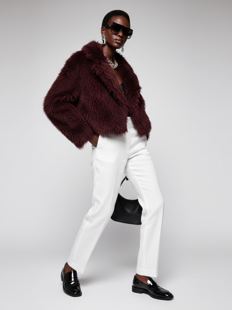 Women's Faux Fur Cropped Jacket BURGUNDY - CARROLL GARDENS: New Collection COUTURE in BROOKLYN - BYMANYC ® New York: Wine red / XS