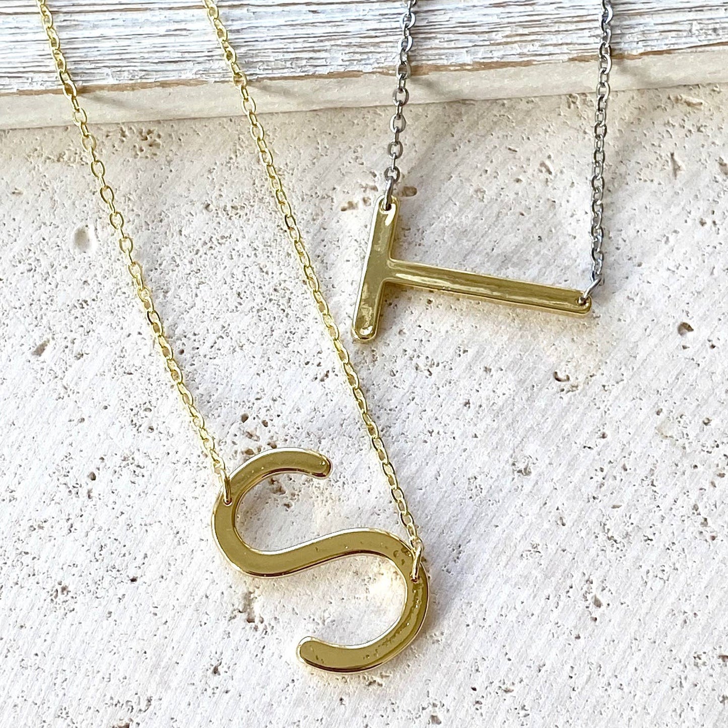 Simple initial mixed metal necklace non tarnish jewelry: Mixed Metal w/Crystal / H