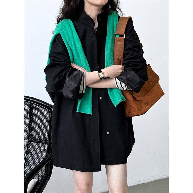 Solid Color Loose Fit Stand Collar Trench Coat: Coffee Color / M
