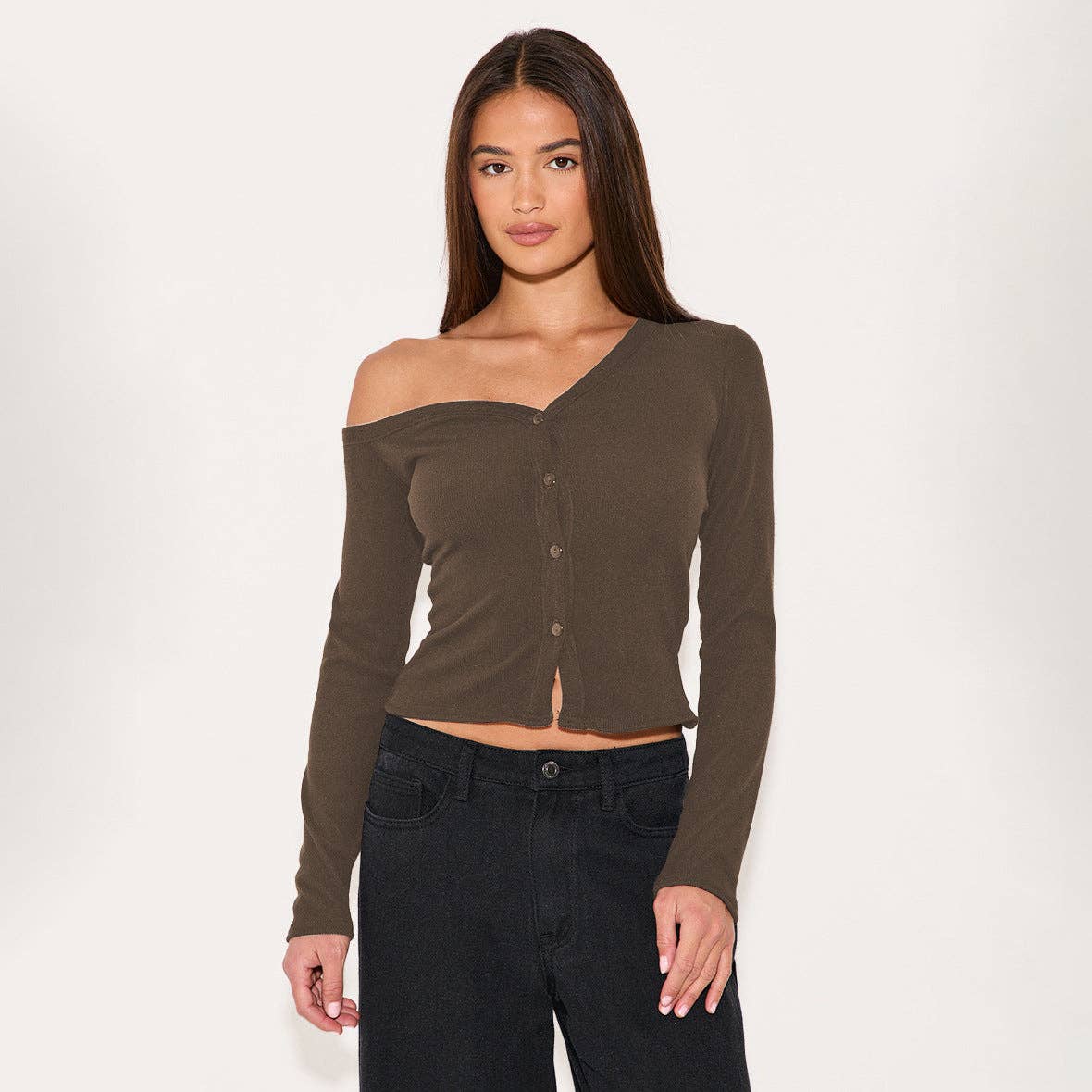 Asymmetrical Neck Long Sleeve Button Knit Cardigan T-Shirt: E25T1624-002 / M