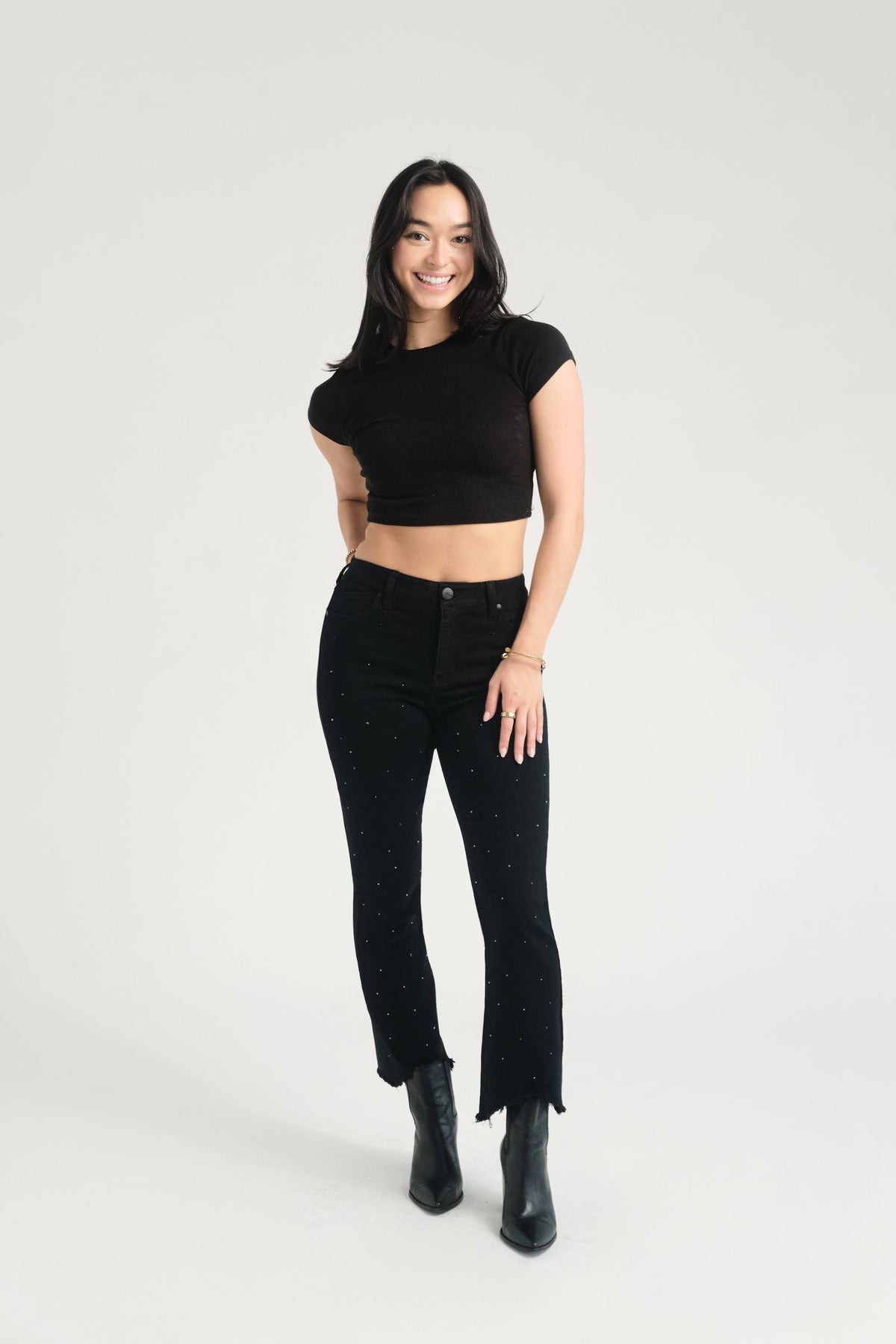 28" Sustainable Demi Boot Jean with Black Crystals: 10/30