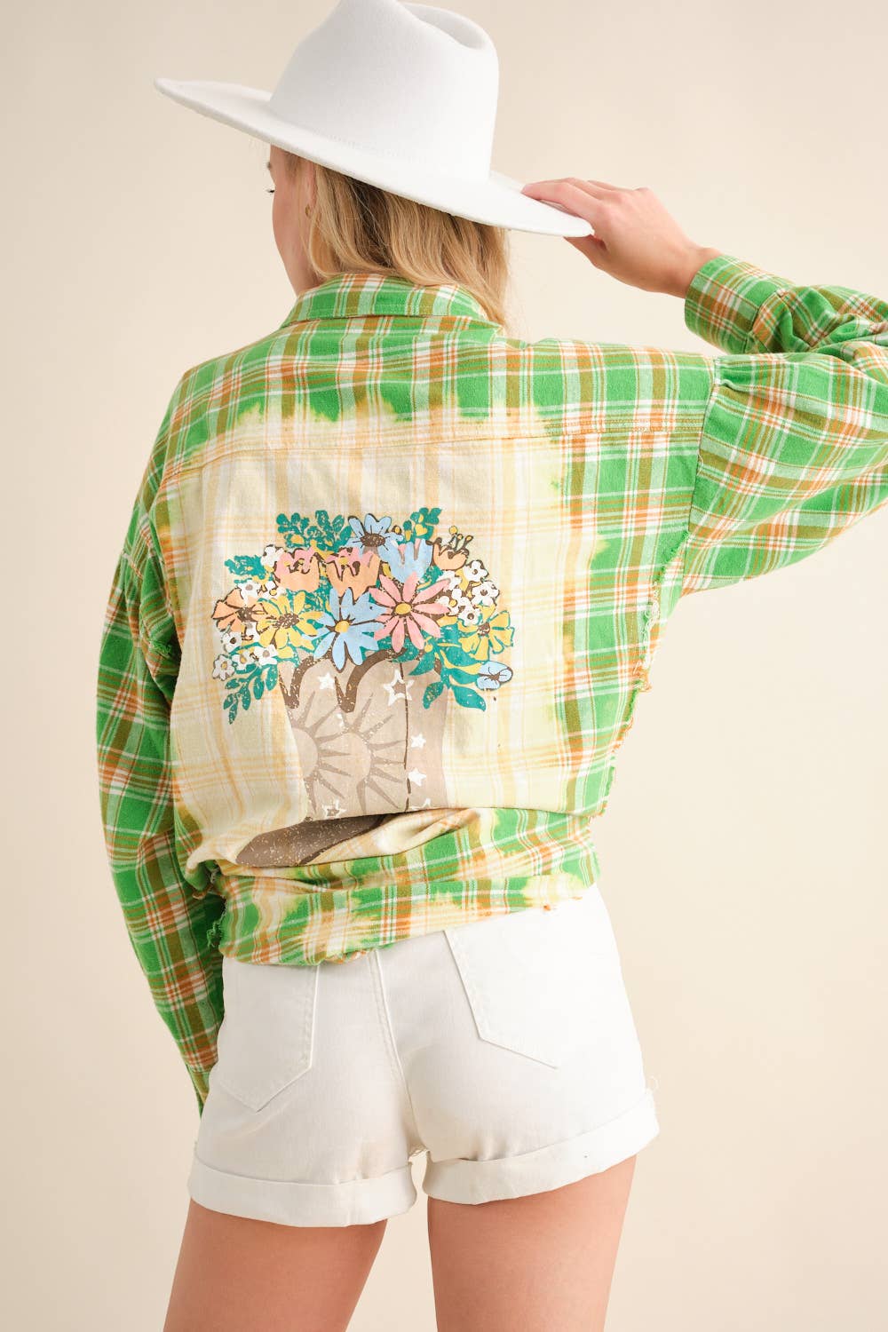 32481T - Cowboy Boots Graphic Back Plaid Oversized Shirt: GREEN / LARGE