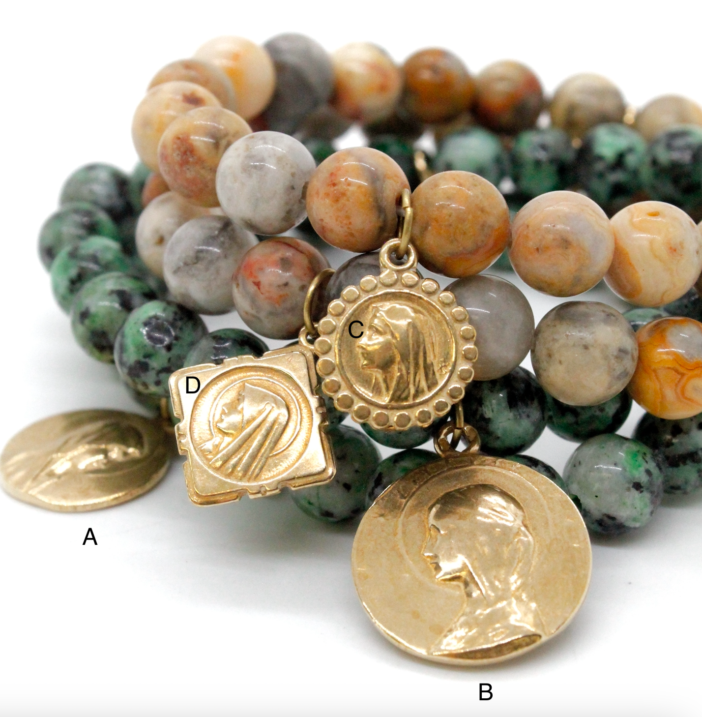 Single Stone Bracelet with Gold French Religious Charm -French Medals Collection-: A / African Pine